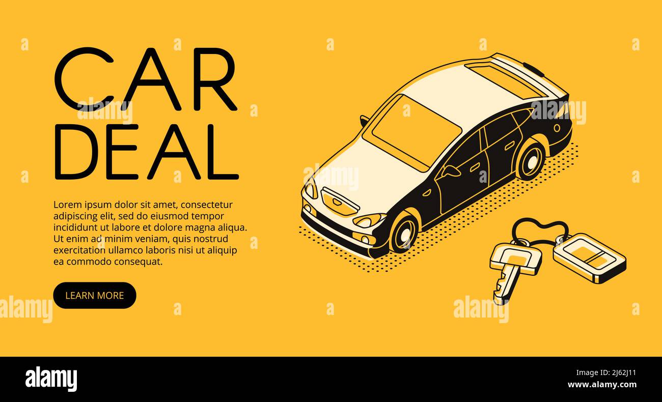 Vecteur d'accord de vente d'automobiles illustration de l'agence de service de vente et d'achat d'automobiles ou de la société de concessionnaire. Automobile et clé sur porte-clés isométriques noir mince li Illustration de Vecteur
