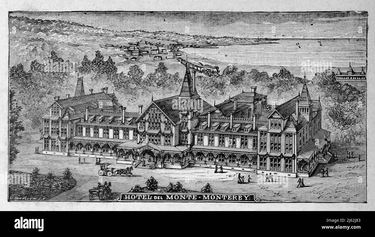 Hotel del Monte, Monterey d'après le livre The Pacific tourist : guide transcontinental illustré d'Adams & Bishop, de l'Atlantique à l'océan Pacifique : Contenant des descriptions complètes des chemins de fer à travers le continent, toutes les stations de plaisance et les lieux de la plupart des paysages notés dans l'extrême-Ouest, aussi de toutes les villes, les villes, les villages, les forts américains, les sources, lacs, montagnes, itinéraires de voyage d'été, meilleures localités pour la chasse, la pêche, le sport, et le plaisir, avec toutes les informations nécessaires pour le voyageur d'agrément, mineur, colon, ou homme d'affaires : un guide complet du voyageur de l'Uni Banque D'Images