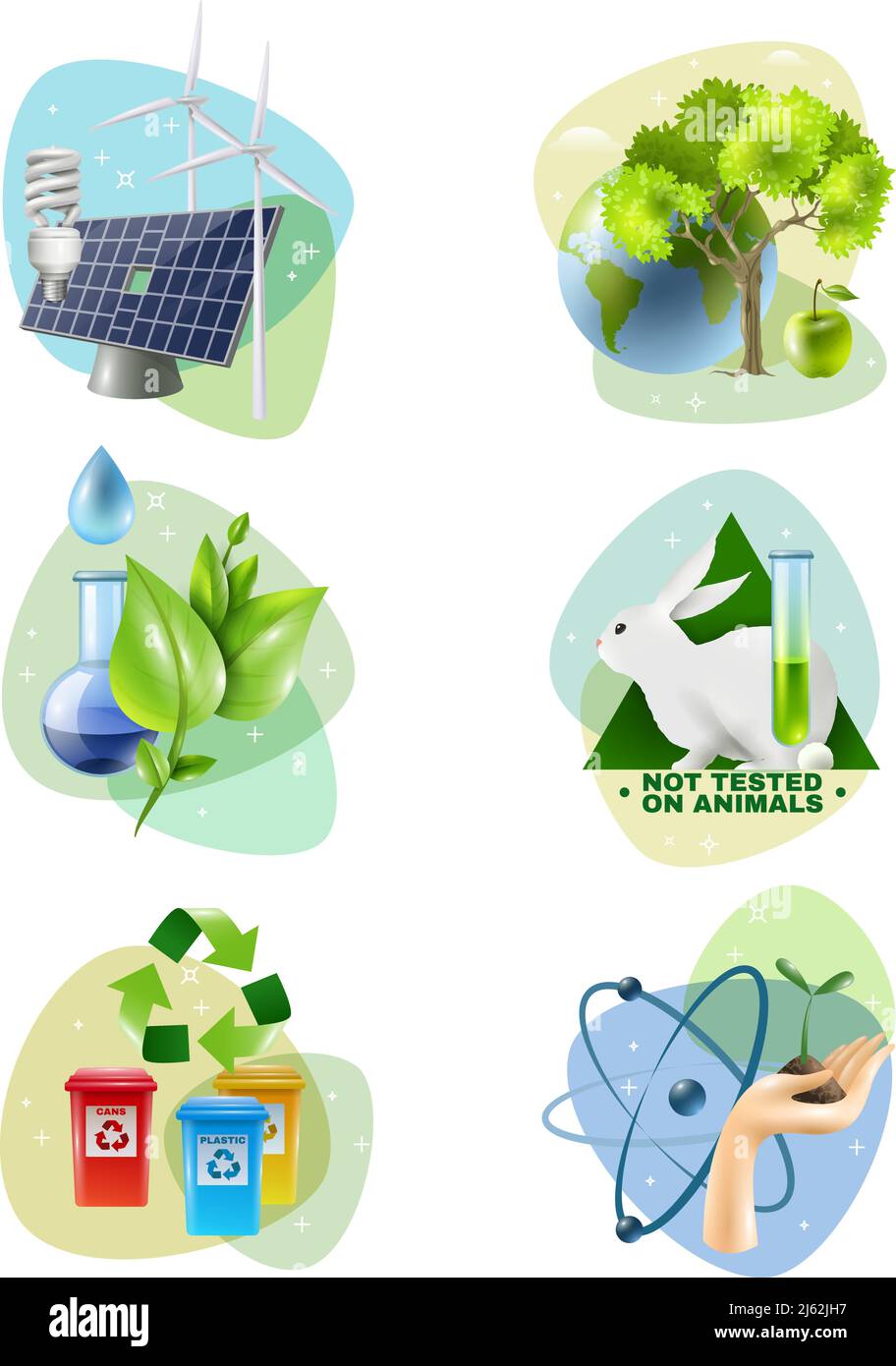 Jeu de 6 icônes écologiques avec recyclage de générateurs d'énergie vert propre et interdiction de tester des animaux illustration de vecteur isolé Illustration de Vecteur