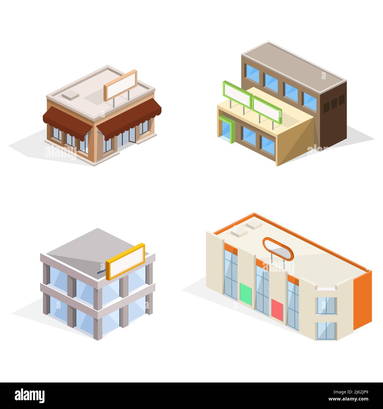 Bâtiments commerciaux illustration vectorielle d'une boutique isométrique, d'un supermarché et d'un centre d'affaires, d'un café ou d'un restaurant avec signalisation, de vitrines et de fenêtres Illustration de Vecteur