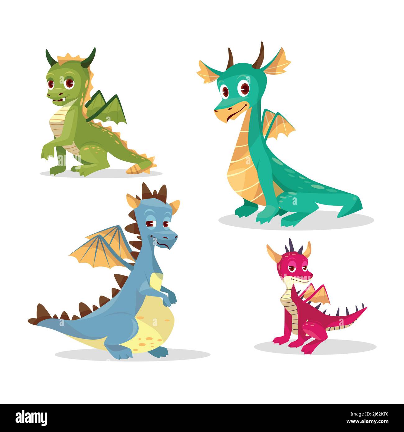 Dessin animé dragons illustration vectorielle pour enfant ou enfant conception drôle. Ensemble isolé plat de monstres de fées mignons ou magique coloré heureux sourire bébé dr Illustration de Vecteur