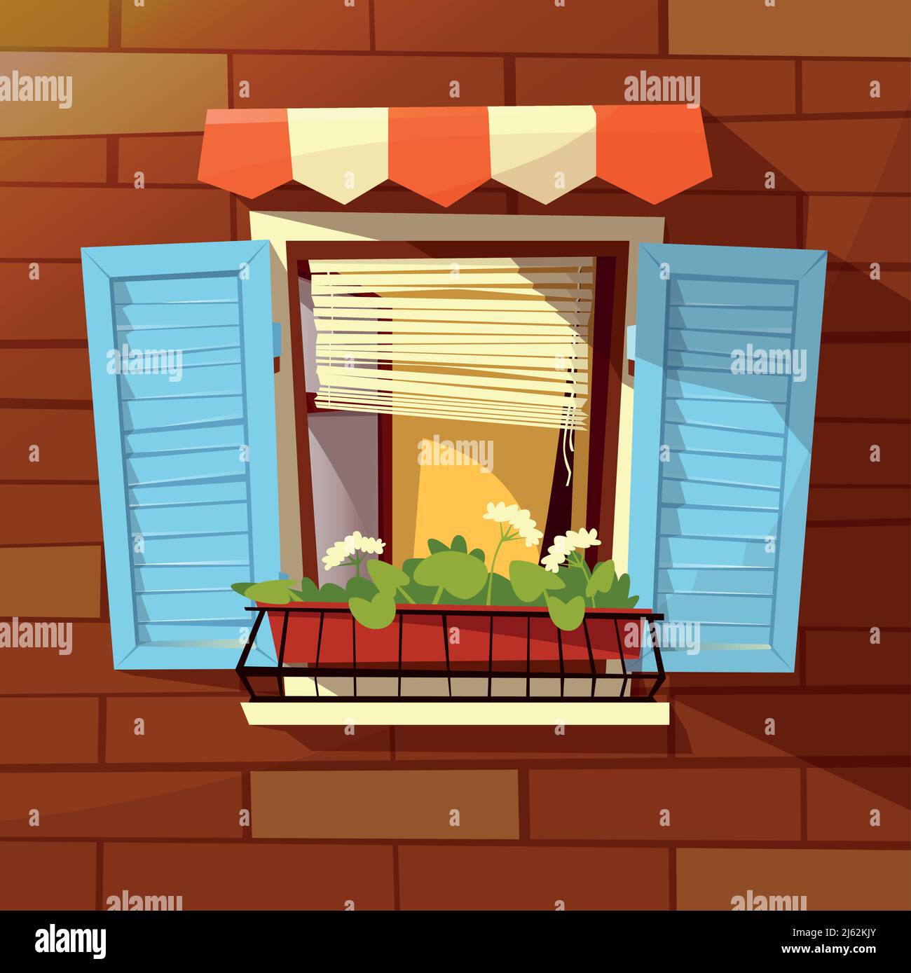 Façade de maison illustration vectorielle de fenêtre avec volets en bois, auvent de store et pot de fleurs. Façade de fenêtre moderne ou rétro sur un mur de briques outdoo Illustration de Vecteur