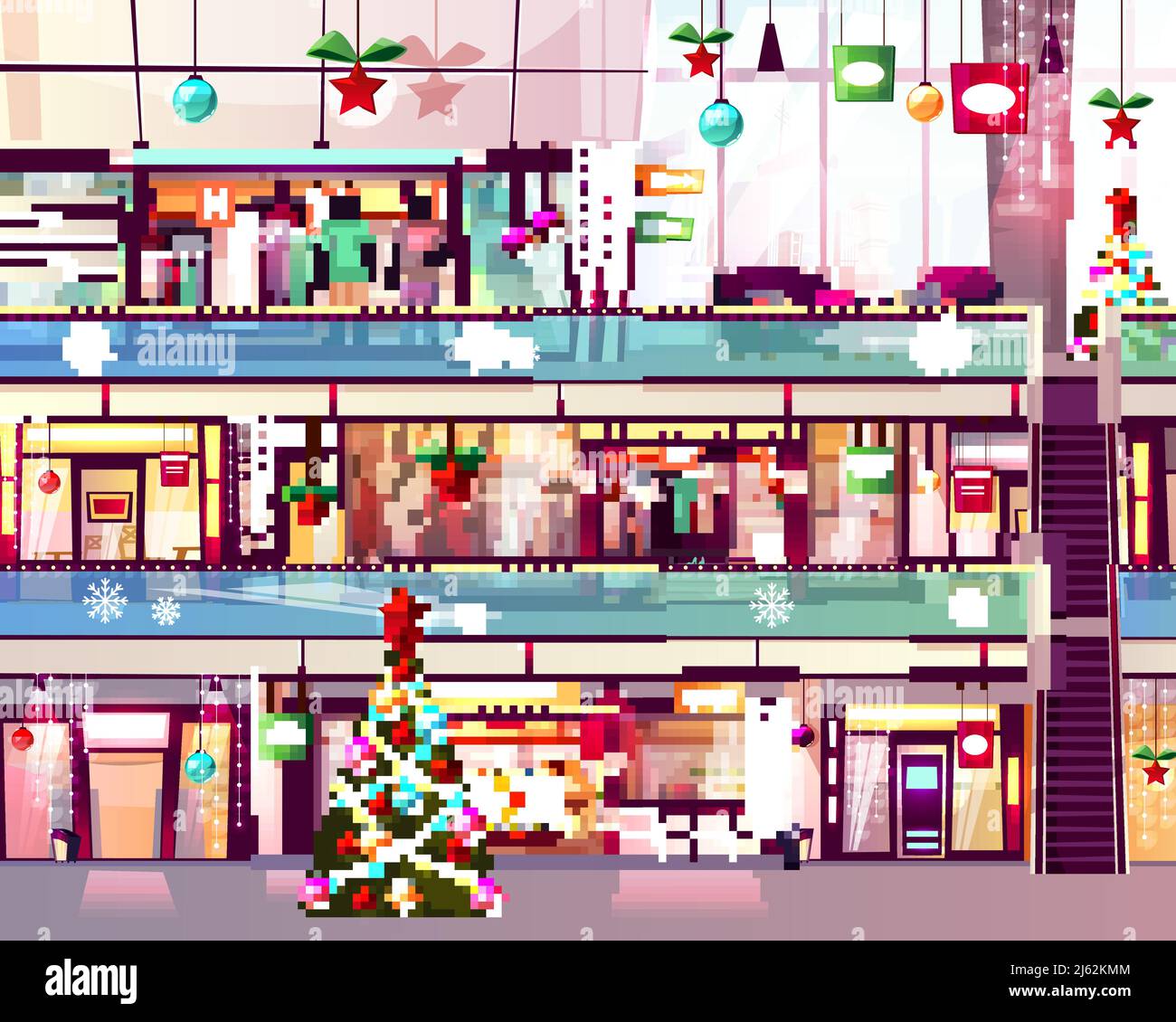 Les magasins du centre commercial de Noël illustrent les boutiques et l'arbre de Noël à l'escalier de l'escalier. Décoration et vente de vacances d'hiver sur le clothe pour hommes et femmes Illustration de Vecteur