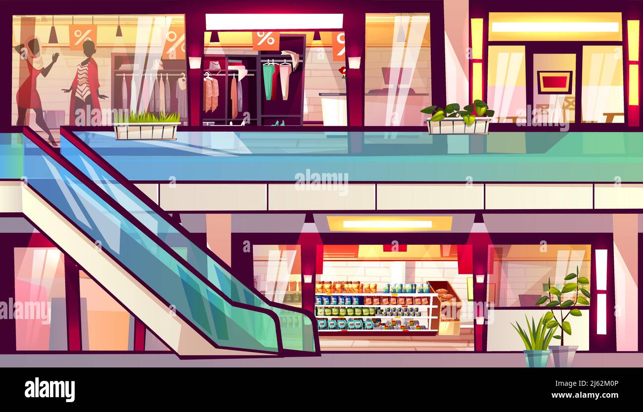 Galerie marchande avec boutiques et cafés illustration vectorielle. Escalier escalier avec supermarché d'épicerie, vêtements pour hommes et femmes, boutique de mode wi Illustration de Vecteur