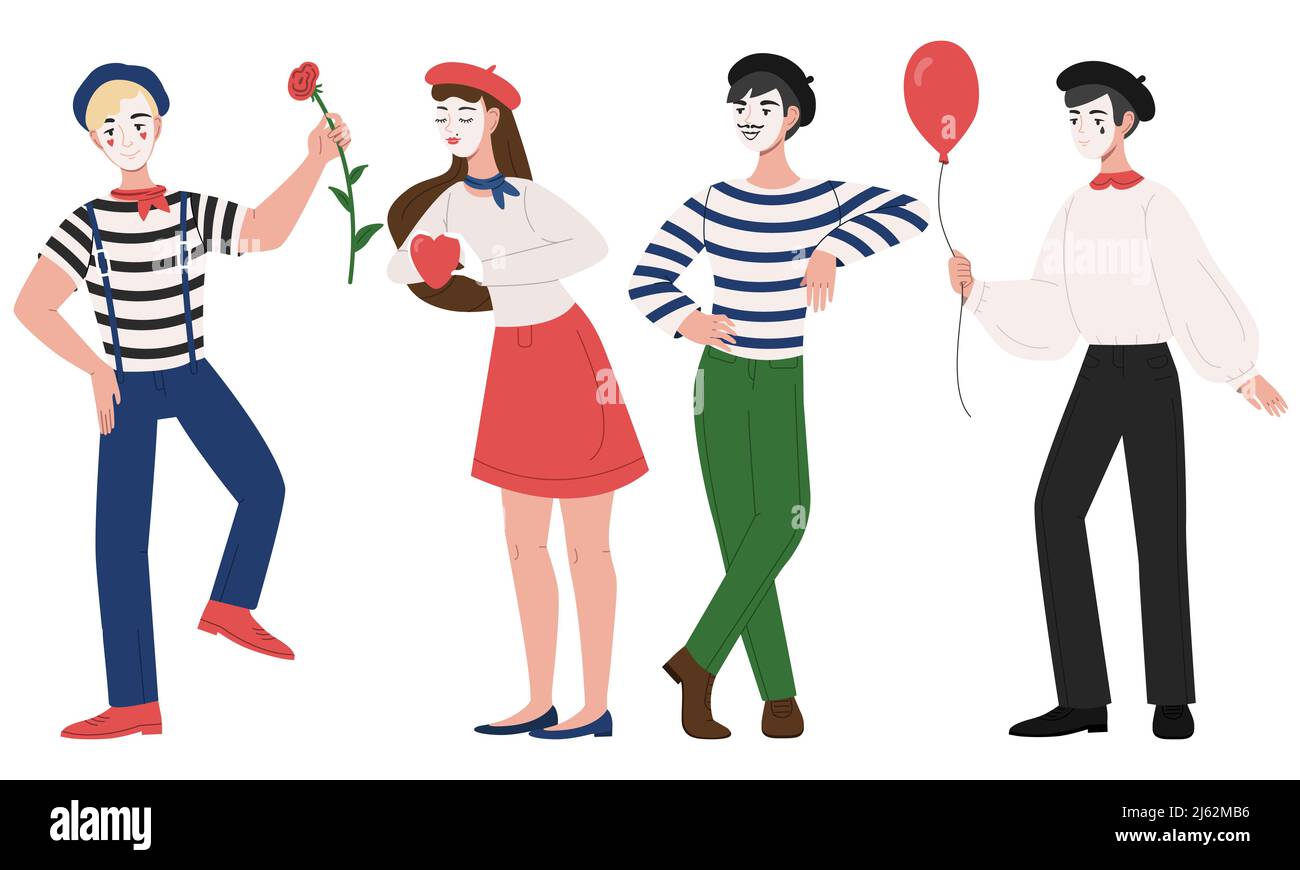 Imite l'illustration du vecteur pantomime homme et femme. Dessin animé clown de filles et de garçons personnages en costume et chapeau avec masque de visage et drôle de pose de mimic pour fl Illustration de Vecteur