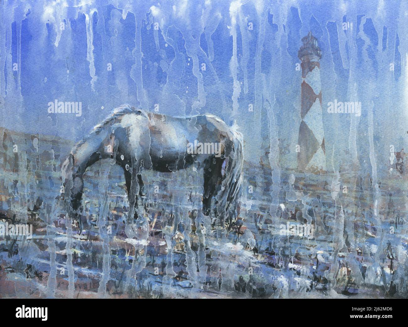 Pacage de chevaux près du phare de Cape Lookout dans les Outer Banks, en Caroline du Nord. Œuvres d'art monochrome B&W phare de Cape Lookout OBX Banque D'Images