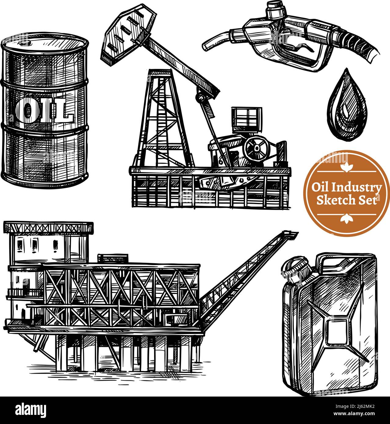 Dessin manuel de l'industrie de l'huile avec plate-forme offshore de l'huile image et éléments de l'illustration vectorielle isolée de la station de remplissage Illustration de Vecteur