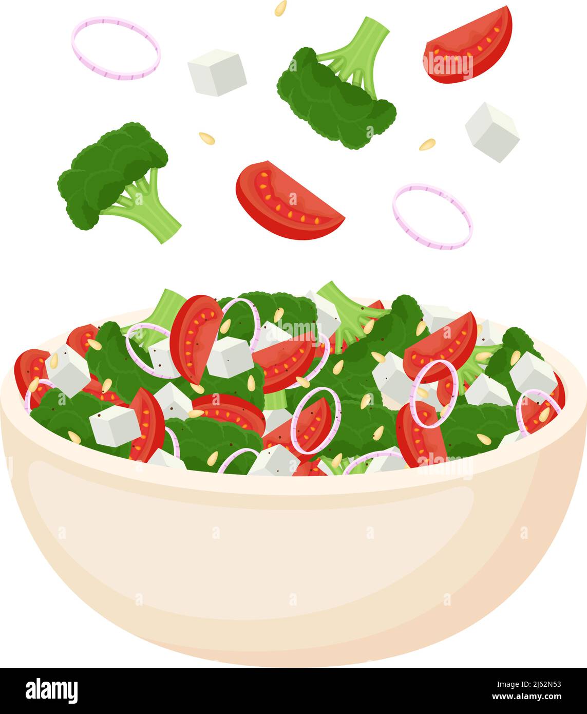 Salade maison de légumes frais, salade de fromage et pignons. Une alimentation saine. Repas végétarien. Illustration vectorielle Illustration de Vecteur