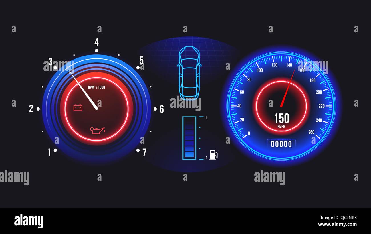 Tableau de bord de la voiture. Compteur de vitesse et compte-tours électriques avec indicateurs de niveau de carburant et d'huile. Illustration vectorielle Illustration de Vecteur