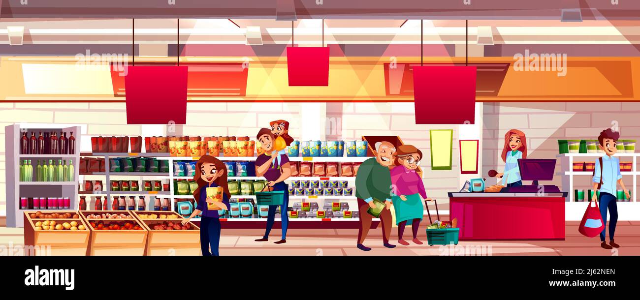 Illustrations vectorielles pour les personnes dans un supermarché ou une épicerie. Famille de choisir des produits alimentaires sur les étagères aux sacs ou chariots de magasinage, dessin animé fond avec Illustration de Vecteur