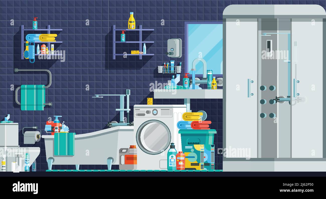 Icônes d'hygiène composition plate orthogonale avec cabine de douche lavabo illustration vectorielle des articles de toilette pour lave-linge Illustration de Vecteur