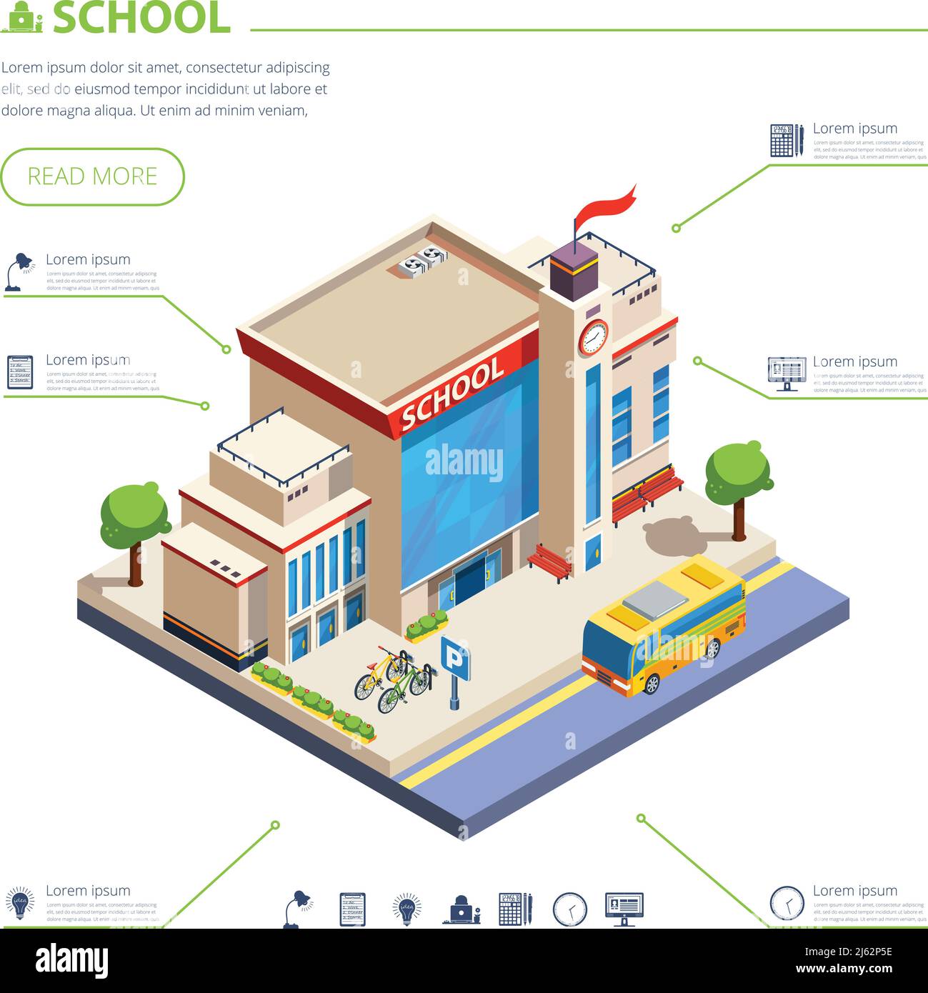 Conception de bâtiment d'école avec bus d'école et yard isométrique vecteur illustration Illustration de Vecteur