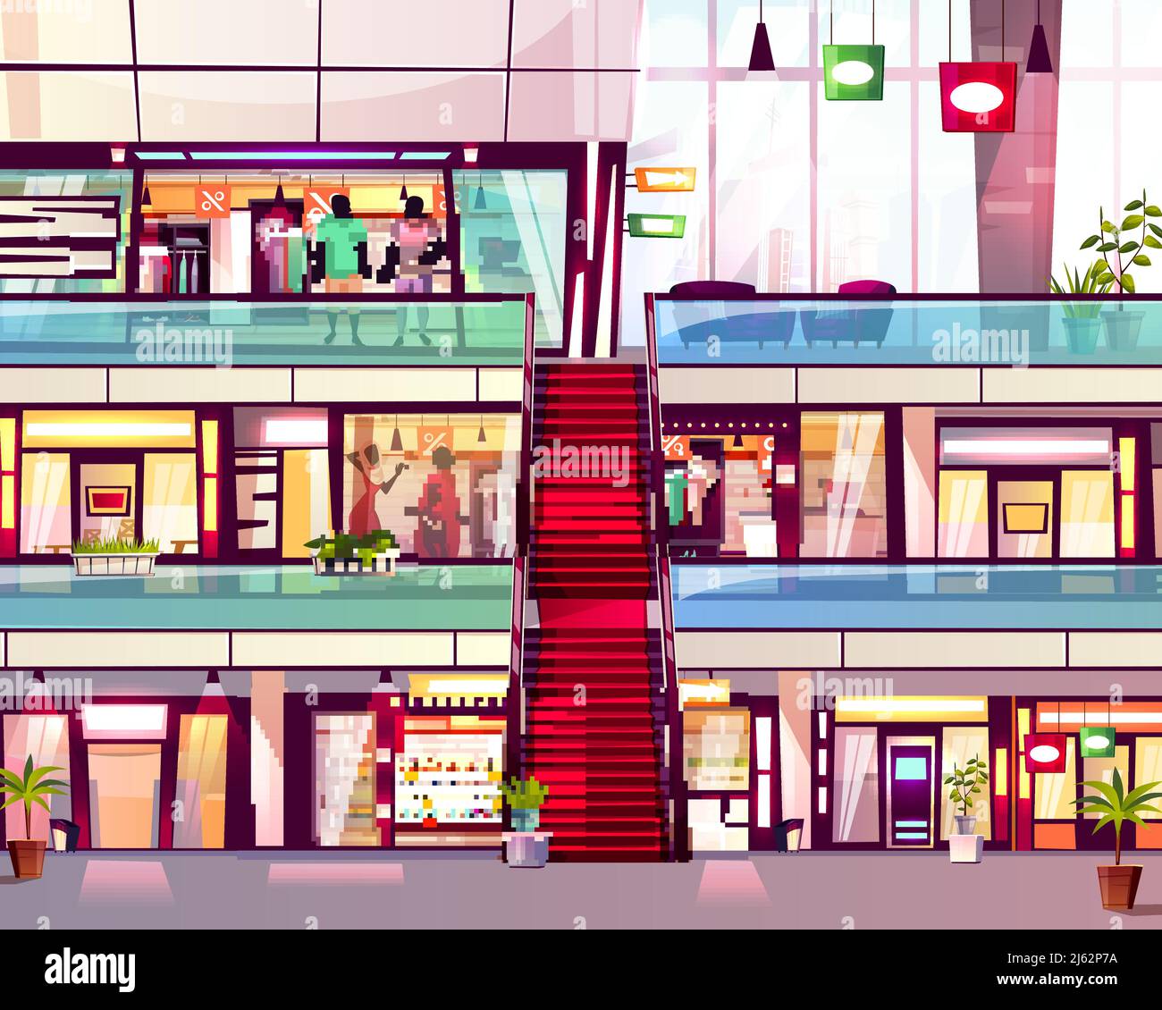 Boutiques du centre commercial avec illustration vectorielle de l'escalier roulant. Centre d'affaires moderne de plusieurs étages avec vêtements pour hommes et femmes boutique de mode Windows dis Illustration de Vecteur