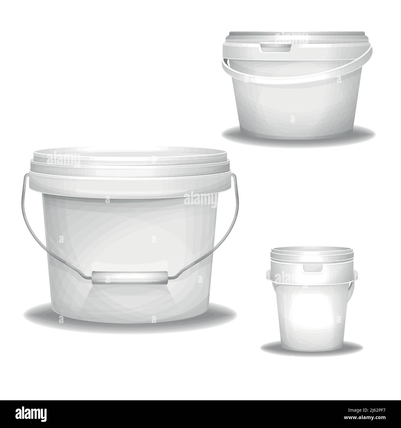 Seaux en plastique blanc illustration vectorielle 3D seau à peinture réaliste. Modèles de maquettes vierges isolées, emballages en plastique industriel avec couvercle an Illustration de Vecteur