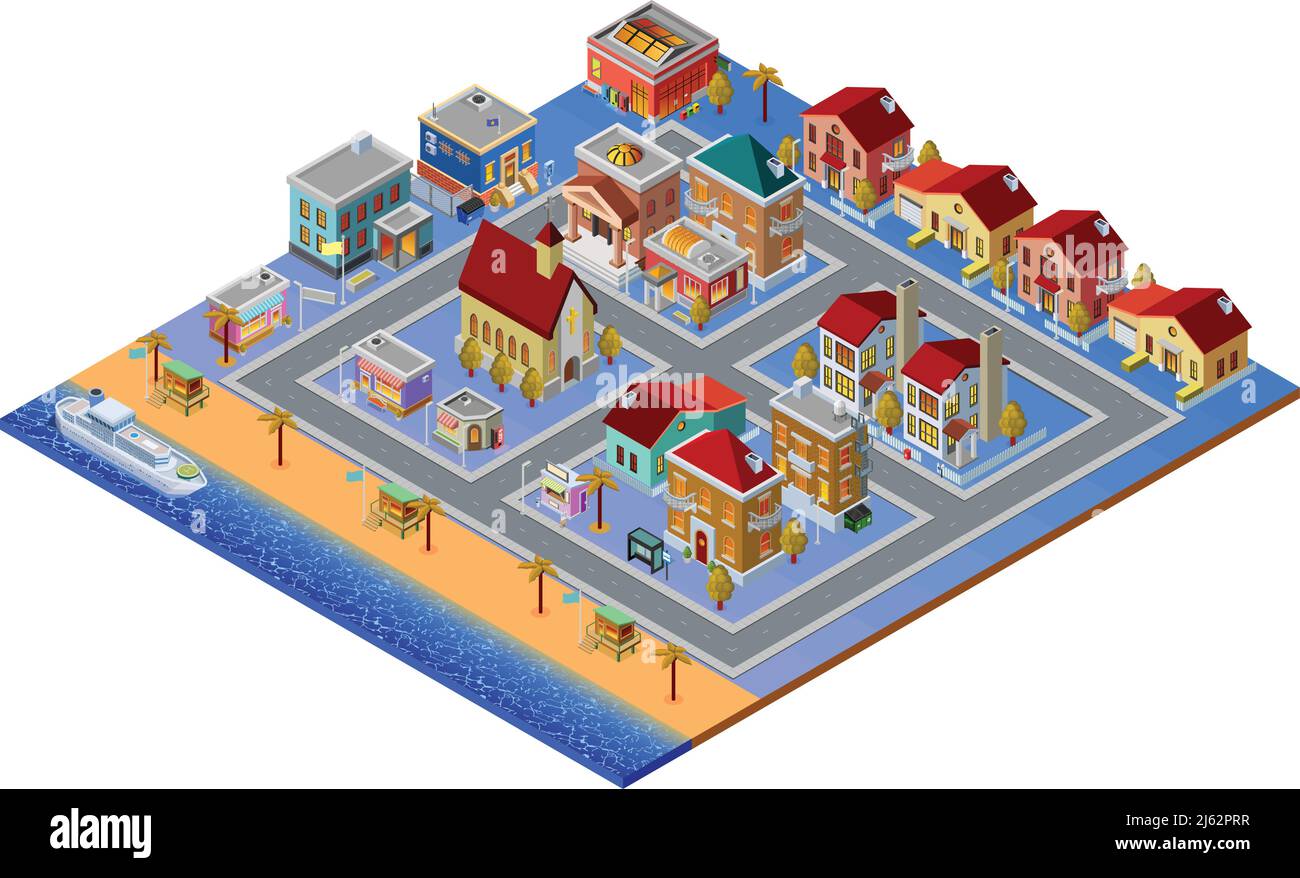 Bâtiment isométrique avec chalets et magasins à proximité de la plage et illustration du vecteur de la mer Illustration de Vecteur