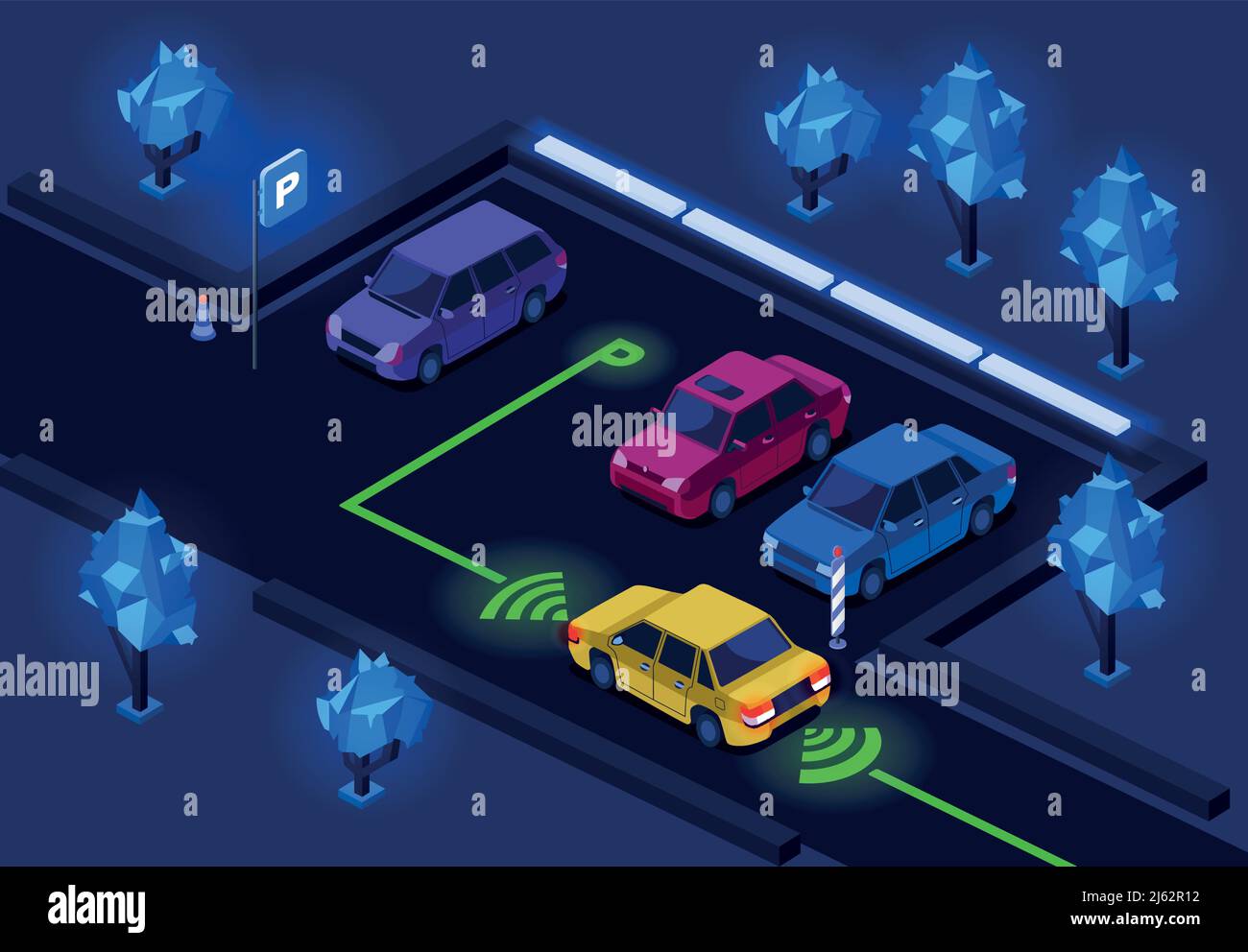 Aire de stationnement illustration isométrique à 3D vecteurs d'un stationnement de nuit en ville avec technologie d'éclairage. Voitures isométriques sur le parking extérieur avec Smart navi Illustration de Vecteur