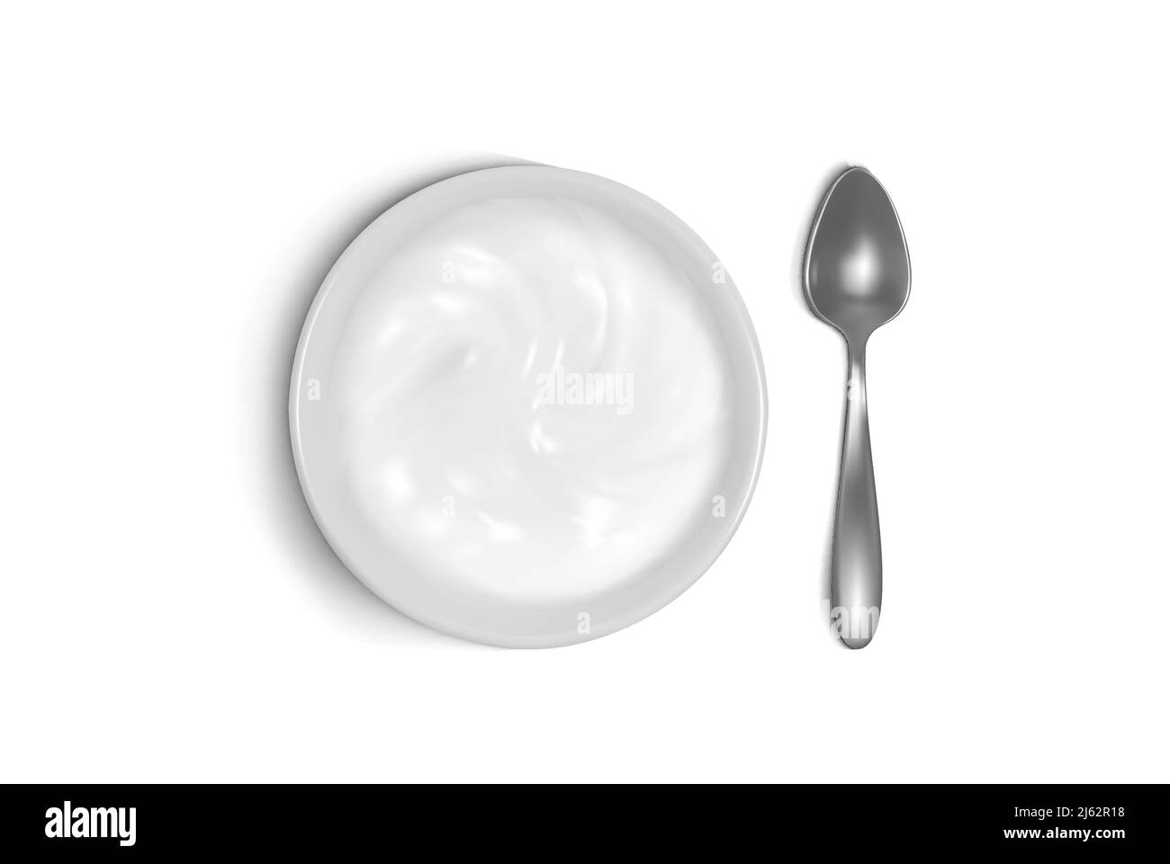 Cuillère et assiette 3D vecteur illustration de porridge, yaourt ou crème aigre pour le petit déjeuner. Ensemble réaliste isolé de vaisselle en argent ou en métal et porcel Illustration de Vecteur