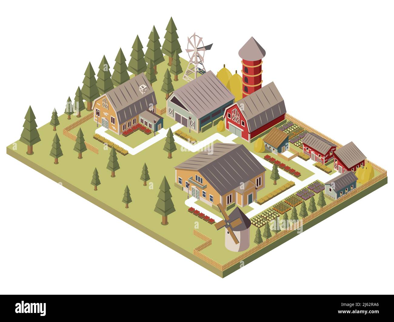 Conception de bâtiments de ferme avec une grange de moulin à vent et le silo jette le foin illustration vectorielle isométrique des lits de jardin et des arbres Illustration de Vecteur