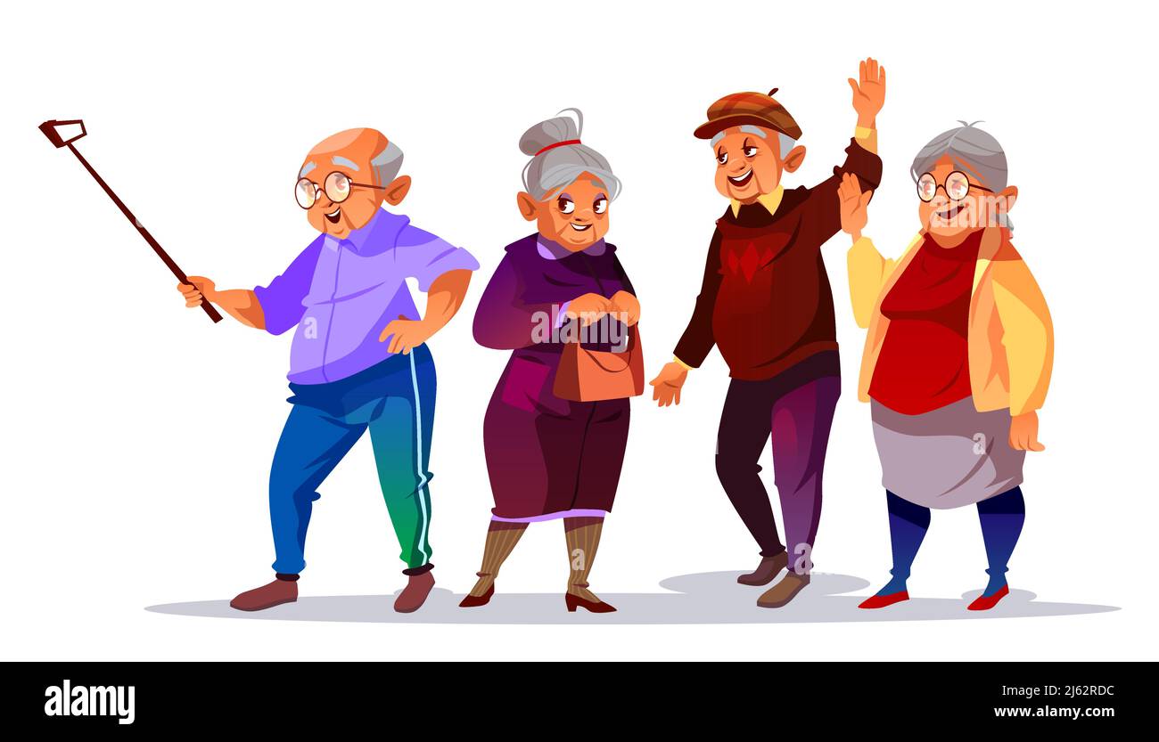 Les personnes âgées font une photo selfie illustration vectorielle. Caricature homme et femme âgés souriant avec bonjour geste main pour smartphone photographie sur vacatio Illustration de Vecteur