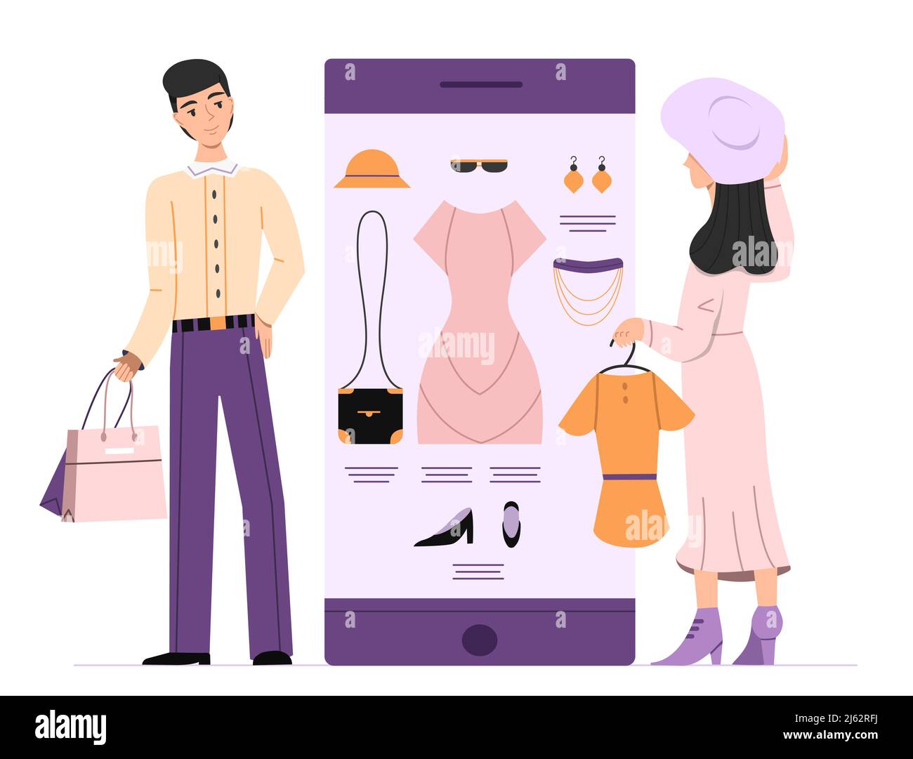Femme en ligne shopping vecteur illustration de la jeune fille choisir la mode robe, les vêtements et les accessoires dans l'application de magasin Web de smartphone. Attente homme Illustration de Vecteur
