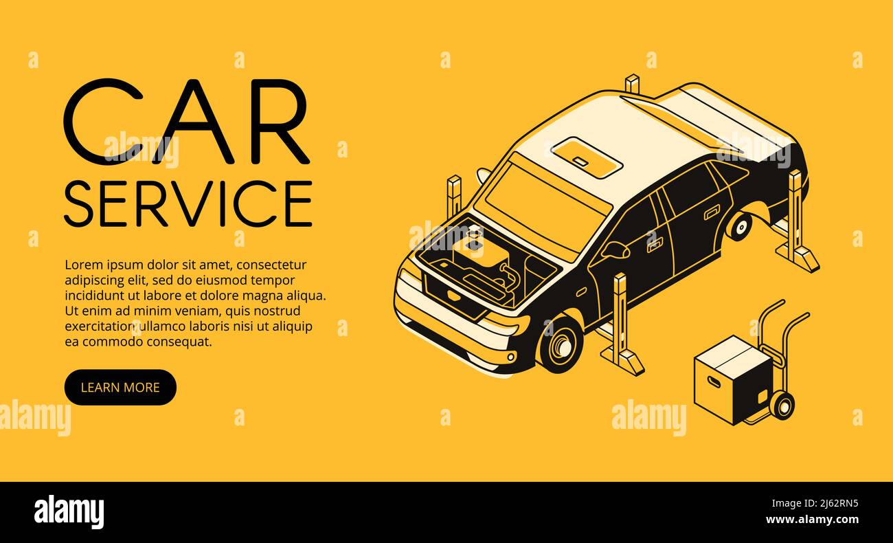 Illustration du vecteur de service automobile de la station de garage automobile. Diagnostic mécanique automobile et réparation du moteur ou du châssis en ligne fine noire isométrique Illustration de Vecteur