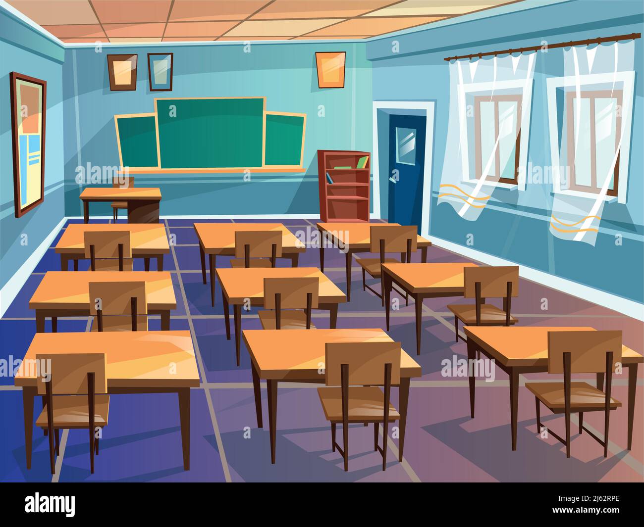 Illustration d'un dessin animé vectoriel à l'intérieur d'une salle de classe. Design de la salle d'école de l'université avec vue sur tableau noir, chaises d'étudiant et table d'enseignant, porte an Illustration de Vecteur