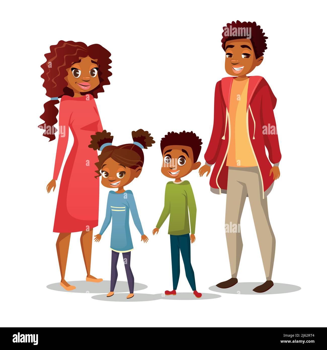 Afro-américaine famille noire en vêtements décontractés dessin animé dessin animé à plat. Père et mère heureux parents, garçon et fille enfants caractère adolescent Illustration de Vecteur