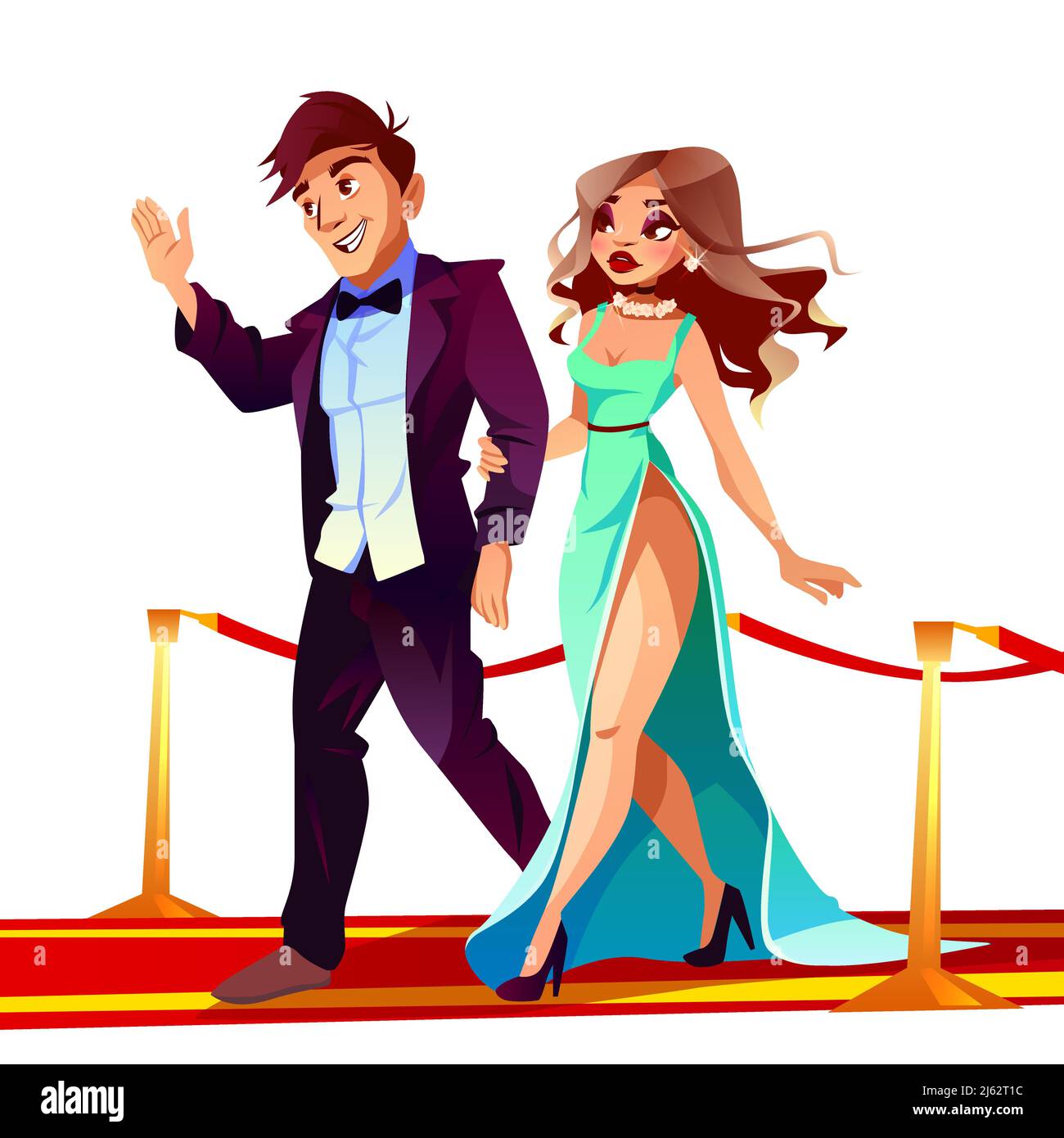 Vector caricature couple de célébrités sur tapis rouge. Belle femme en robe longue avec bijoux et homme en costume marcher à la première, spectacle de cérémonie. Illustration de Vecteur