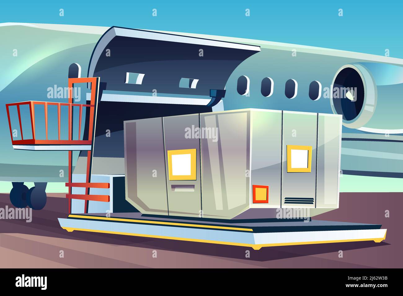 Vecteur de chargement de fret aérien illustration de la logistique de fret aérien. Conteneur d'aviation ou boîte à colis sur le chargeur de palettes à quai vers la compa de soute Illustration de Vecteur