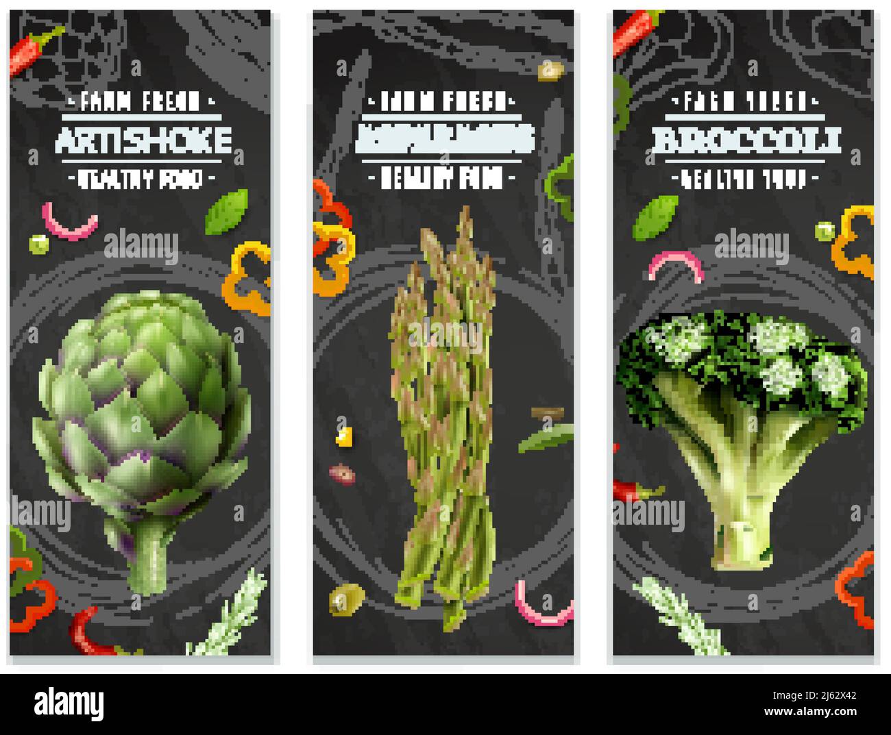 Banderoles verticales pour aliments sains avec artichaut de brocoli de légumes frais de ferme et asperge réaliste images illustration vectorielle Illustration de Vecteur