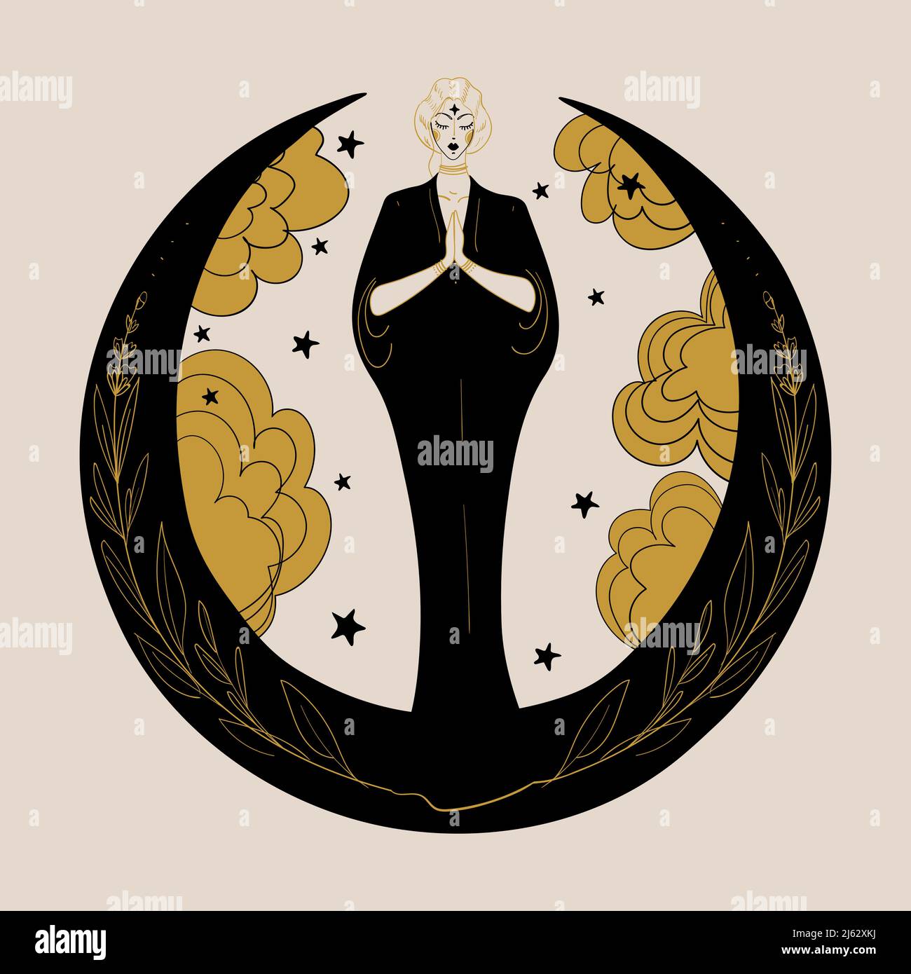 Femme mystique debout sur l'icône du croissant de lune. La fille a plié ses mains dans le namaste et médite sur le fond des nuages dorés. Vecteur illu Illustration de Vecteur