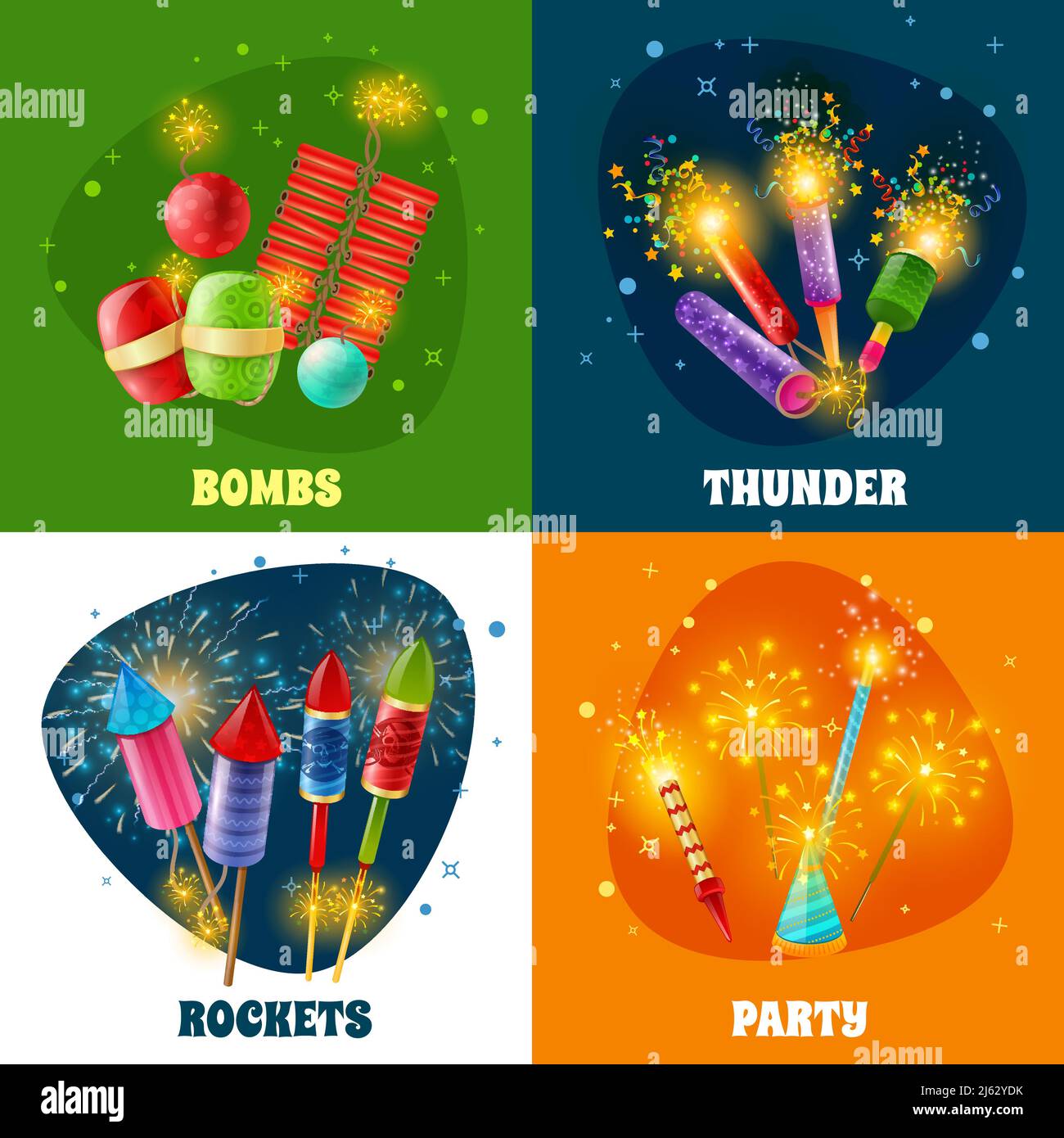 Fêtes et événements spéciaux célébration feu concept 4 icônes colorées carré avec fusées pétards bombes isolées illustration vectorielle Illustration de Vecteur