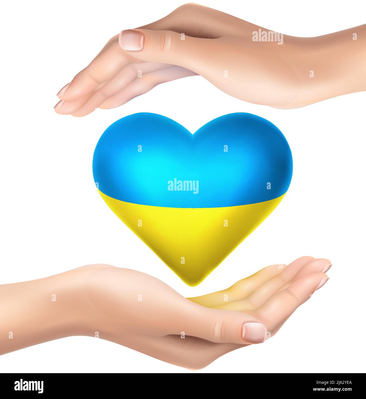 3d icône de vecteur réaliste. Drapeau ukrainien de la paix en forme de coeur avec deux mains réalistes le tenant de haut en bas. Illustration de Vecteur