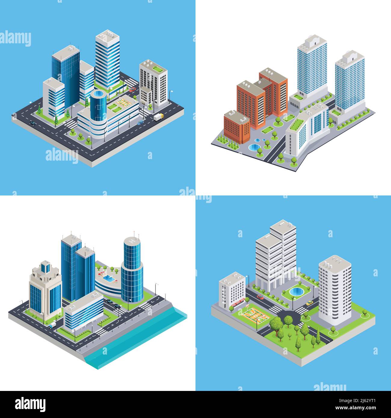 Compositions isométriques modernes avec bâtiments commerciaux et maisons résidentielles infrastructure routière et transport vecteur isolé illustrateur Illustration de Vecteur