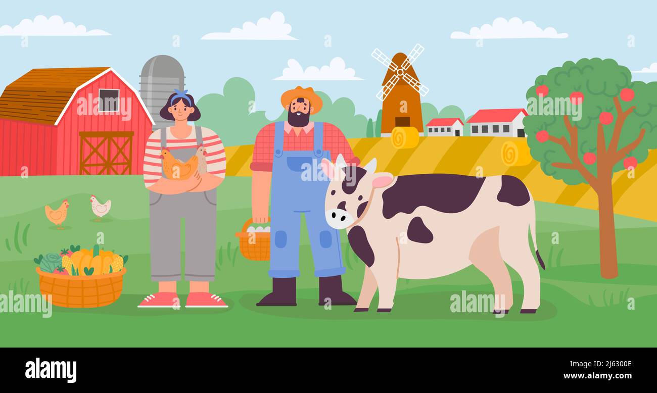 La vie agricole, les gens femme homme avec vache Illustration de Vecteur