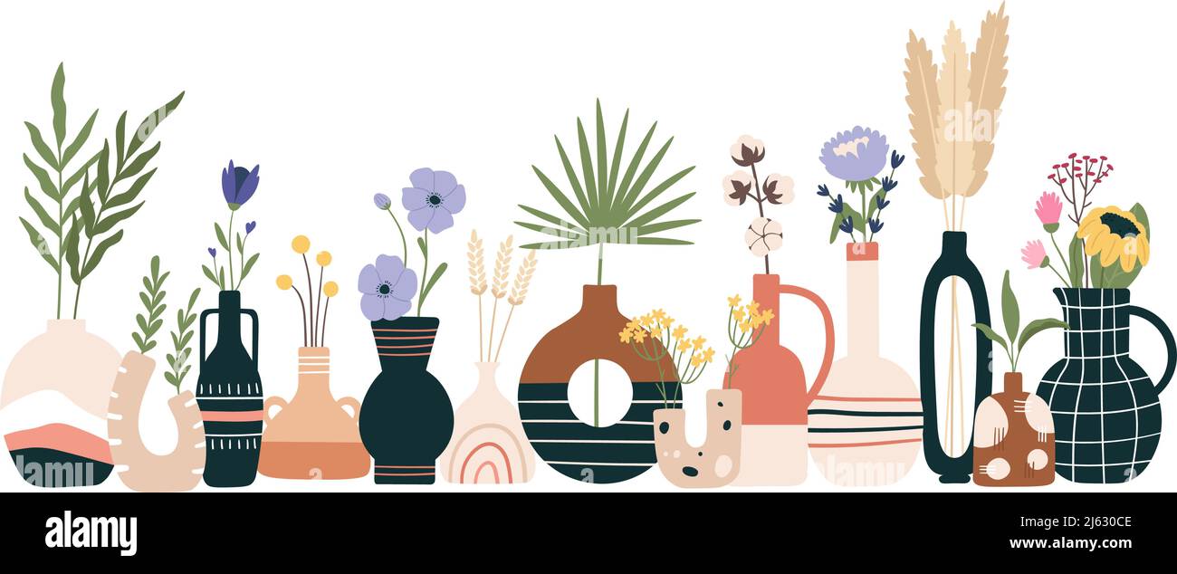 Vases floraux d'affiche de collection, fleurs et plantes Illustration de Vecteur