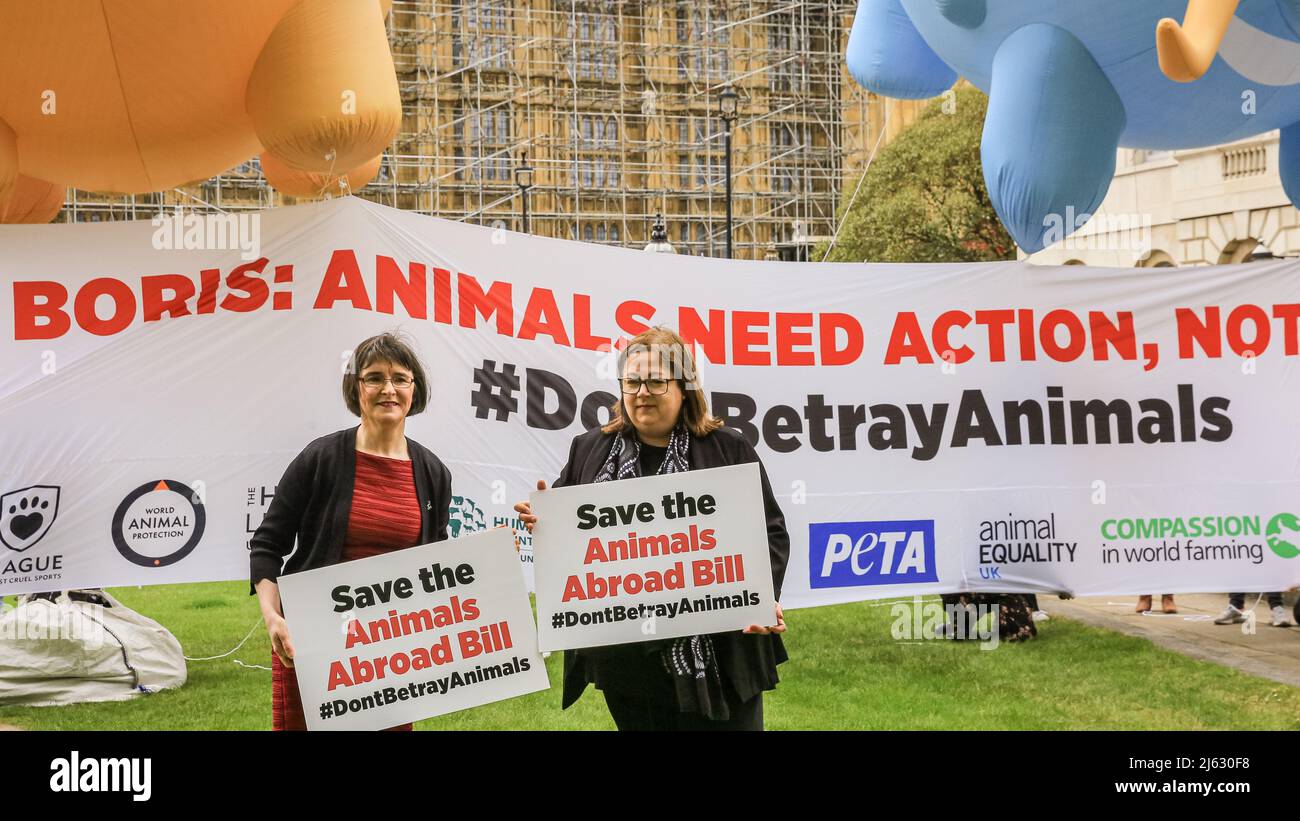 Londres, Royaume-Uni. 27th avril 2022. Des ballons d'éléphant géant et de lion flottent par le Parlement pour appuyer le projet de loi sur la protection des animaux, à la suite de rapports selon lesquels le gouvernement pourrait déposer le projet de loi sur les animaux à l'étranger. PETA et d'autres organisations de protection des animaux appellent Boris Johnson à rester engagé dans le projet de loi. La manifestation a le soutien de plusieurs députés de plusieurs partis. Credit: Imagetraceur/Alamy Live News Banque D'Images