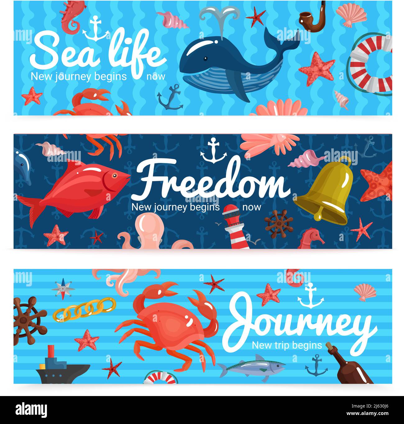 Banderoles horizontales de voyage en mer avec éléments nautiques et faune sous-marine sur fond bleu texturé illustration de vecteur isolé Illustration de Vecteur