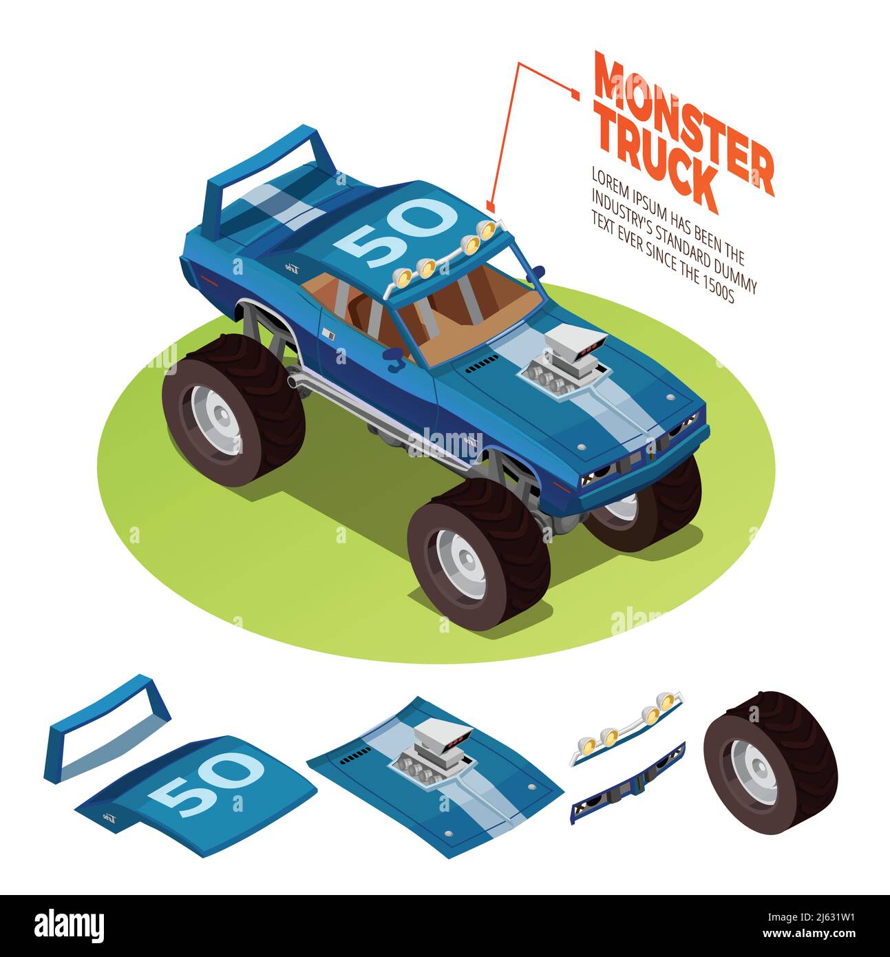 Véhicule tout-terrain Range rover quatre coureurs, modèle monstrueux, 4 roues motrices kit d'illustration vectorielle de l'annonce d'image de l'emballage isométrique Illustration de Vecteur