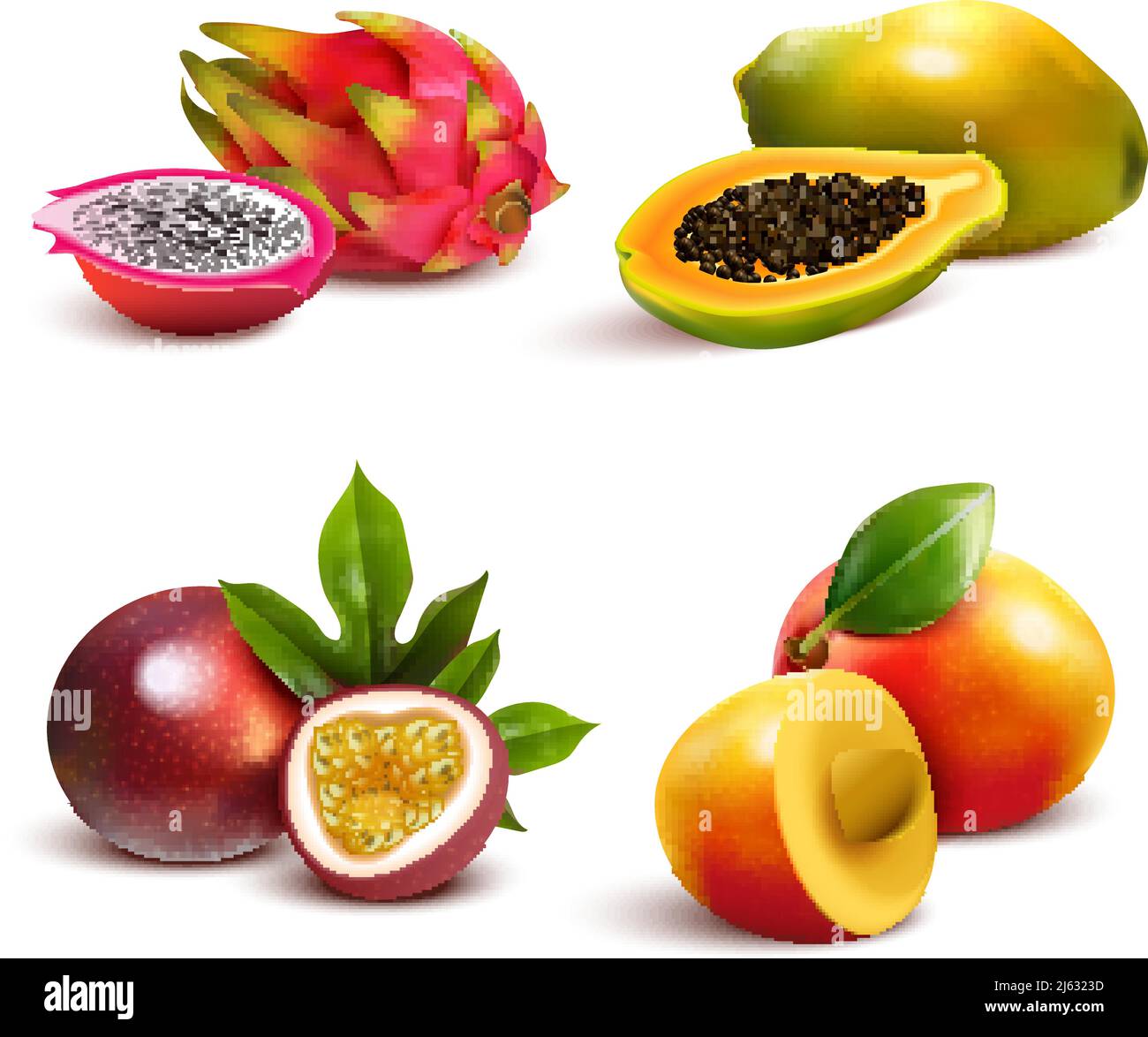 Fruits tropicaux mûrs et tranches réalistes avec des images isolées illustration de la papaye de pitaya de mangue et de vecteur de fruit de la passion Illustration de Vecteur