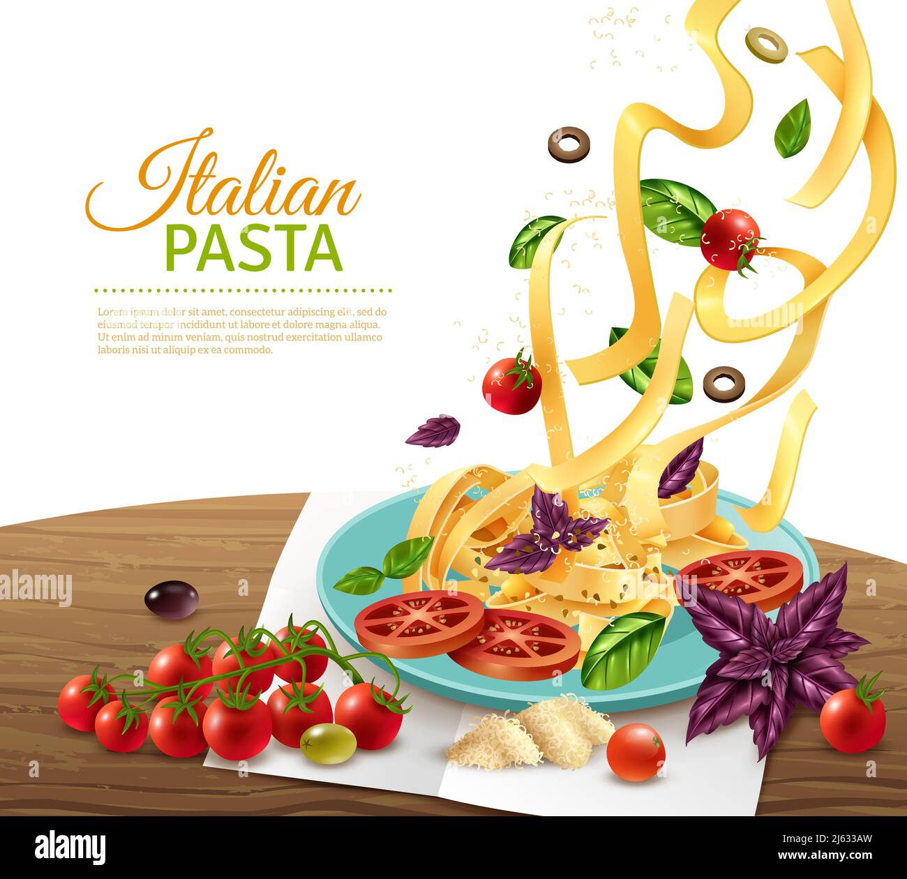 Pâtes italiennes de fettuccine avec tomates olives et herbes concept réaliste illustration vectorielle de poster Illustration de Vecteur