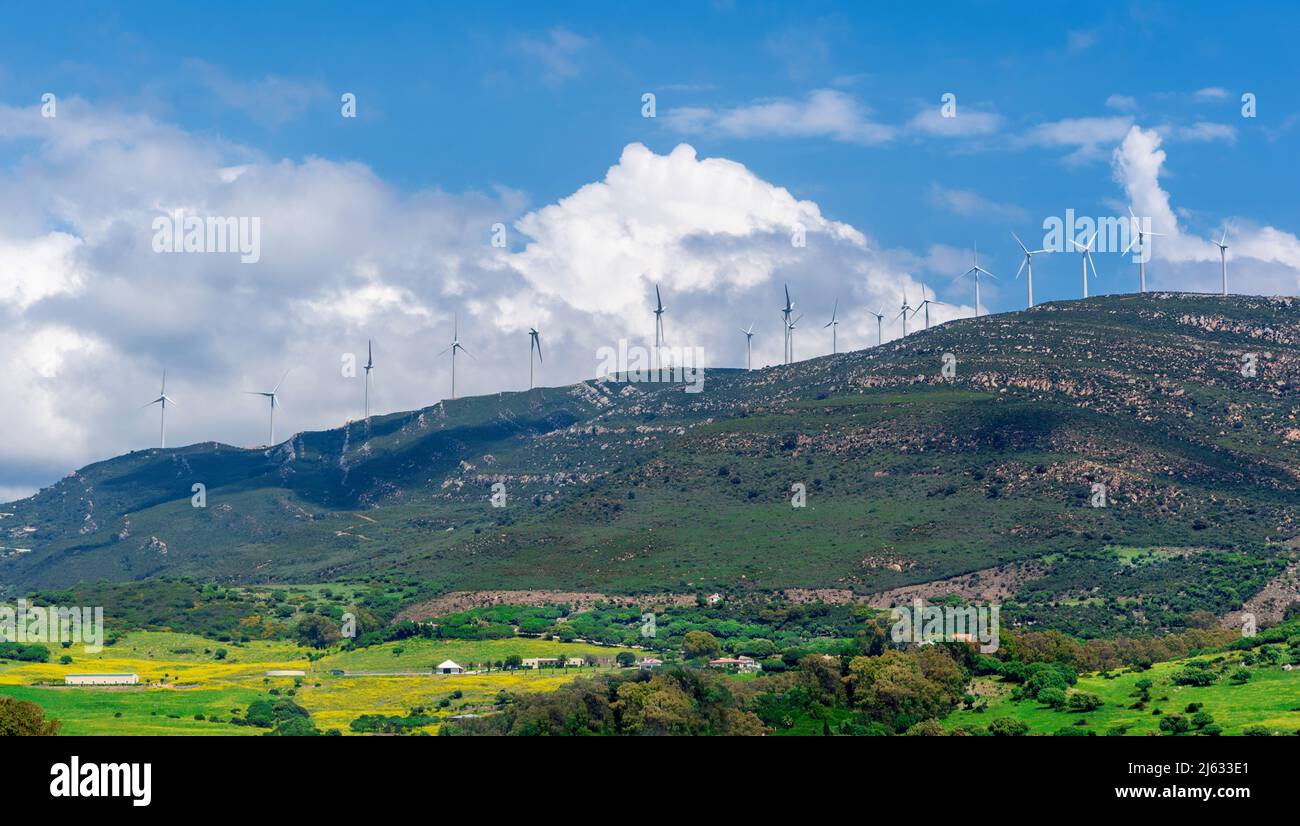 Moulins à vent sur une colline par une journée venteuse avec des nuages. Énergie renouvelable et protection de l'environnement Banque D'Images