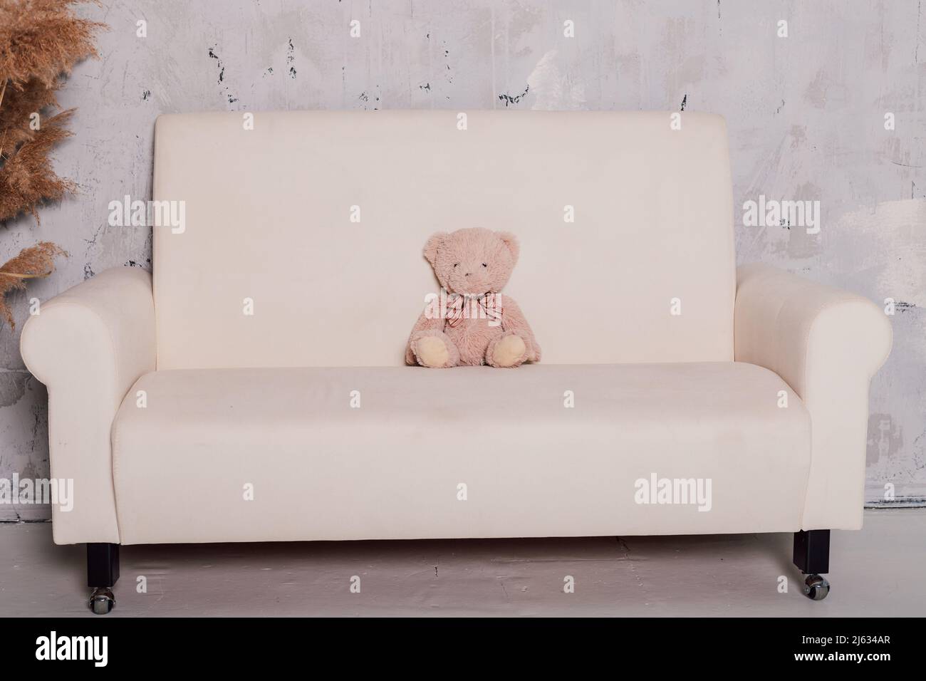 L'ours en peluche se trouve sur un magnifique canapé blanc Banque D'Images