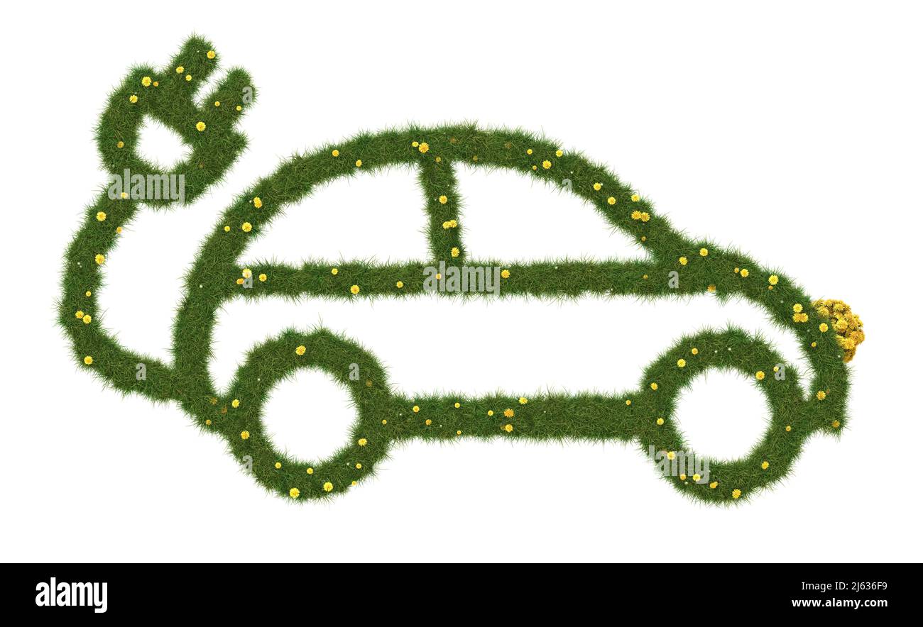 Logo de voiture abstrait avec fiche, en herbe réaliste. Concept de transport écologique. 3D image. Banque D'Images