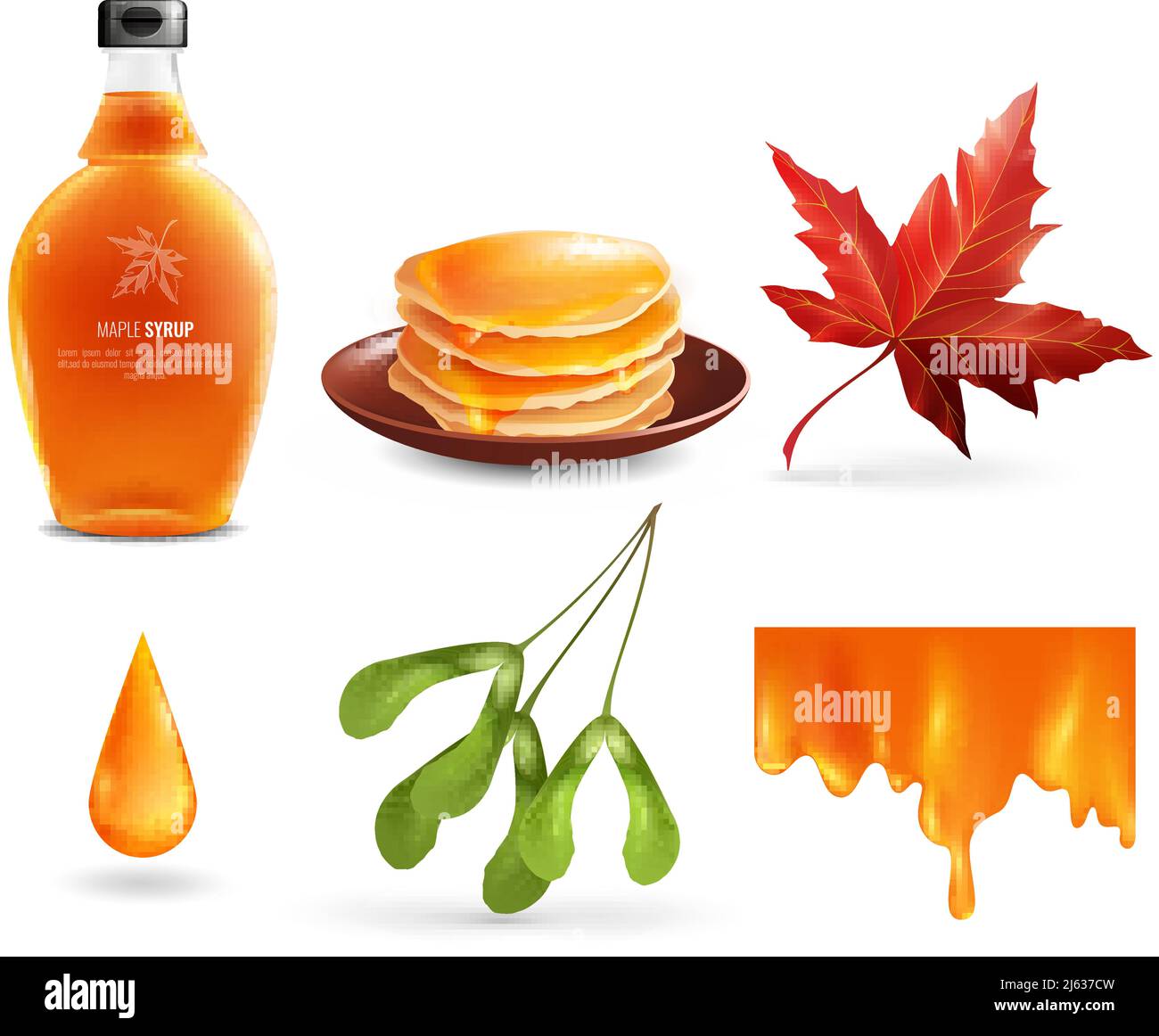 Sirop d'érable avec produit en bouteille, goutte, nectar coulant, feuille et graines, crêpes illustration vectorielle isolée Illustration de Vecteur