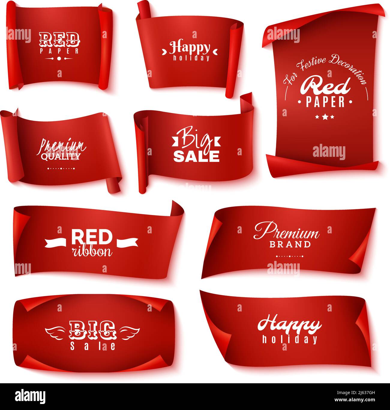 Ensemble de neuf icônes de banderole en papier rouge avec Happy Holiday Premium grande vente de qualité et pour la décoration de fête description illustration vectorielle Illustration de Vecteur