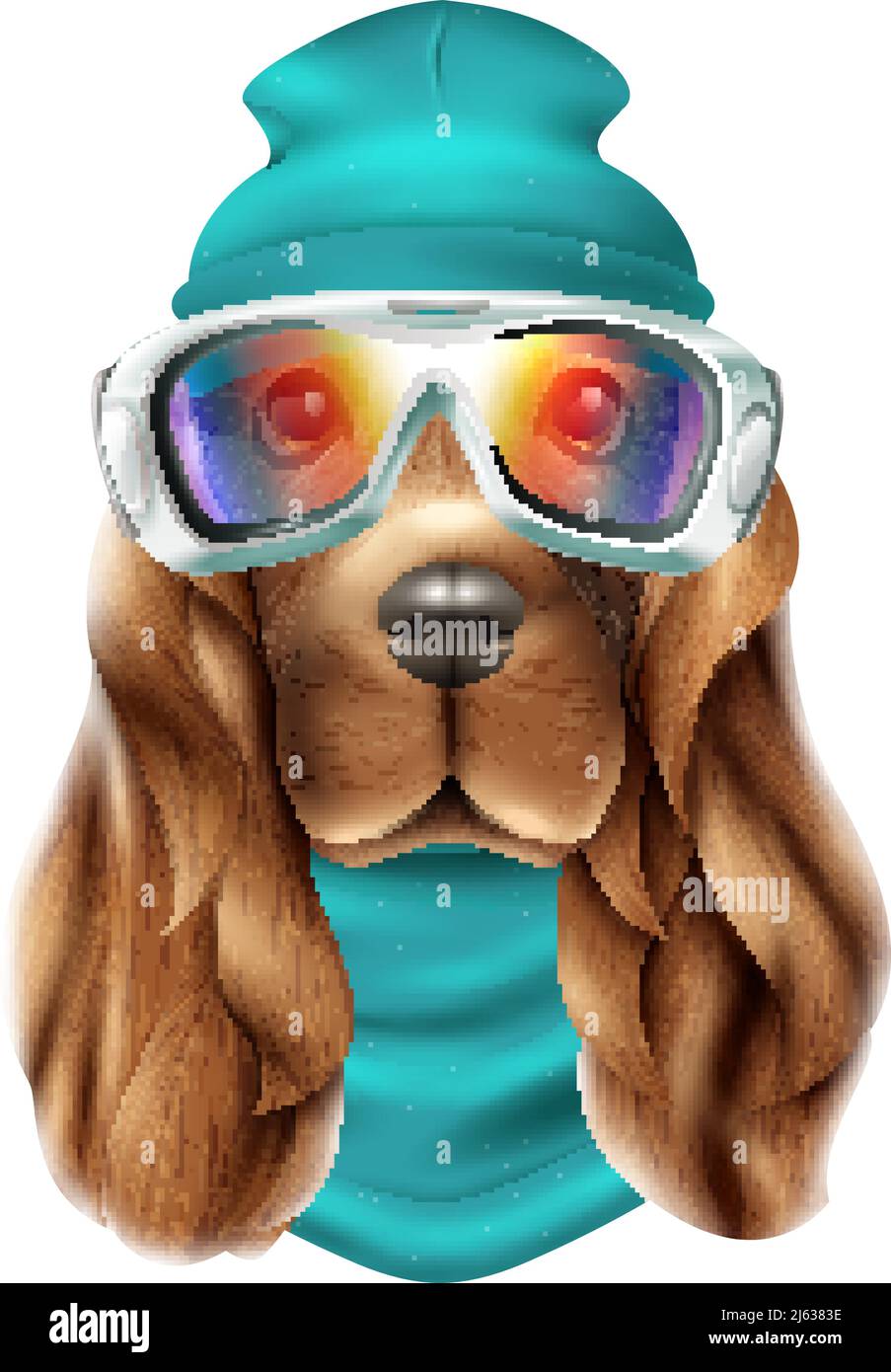 Costume de ski coloré réaliste pour chien de spaniel portrait avec animal mignon et illustration vectorielle de l'équipement de snowboard Illustration de Vecteur