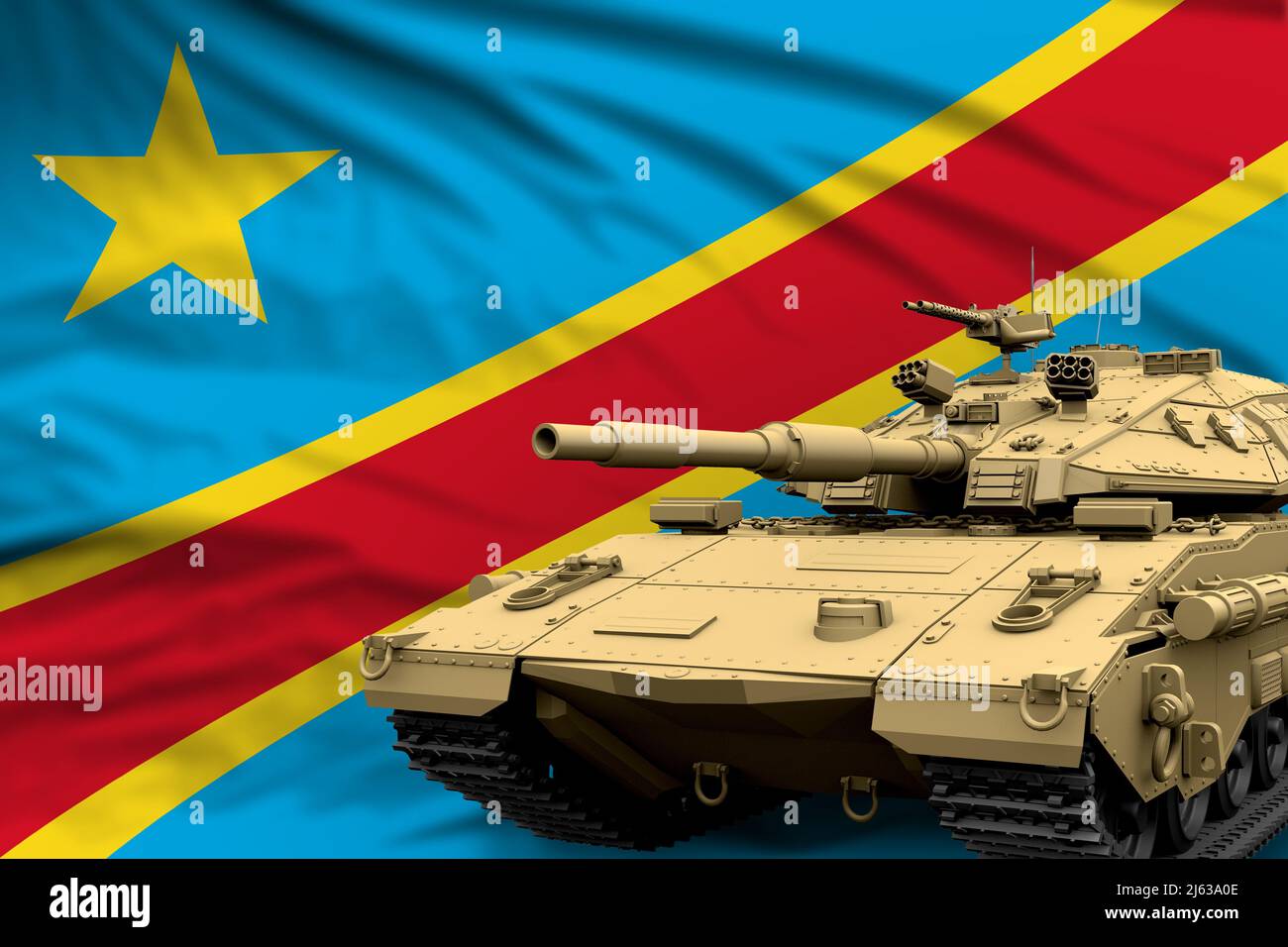Char lourd avec conception fictive sur le drapeau de la République démocratique du Congo arrière-plan - moderne tank forces armées concept, militaire 3D Illustration Banque D'Images