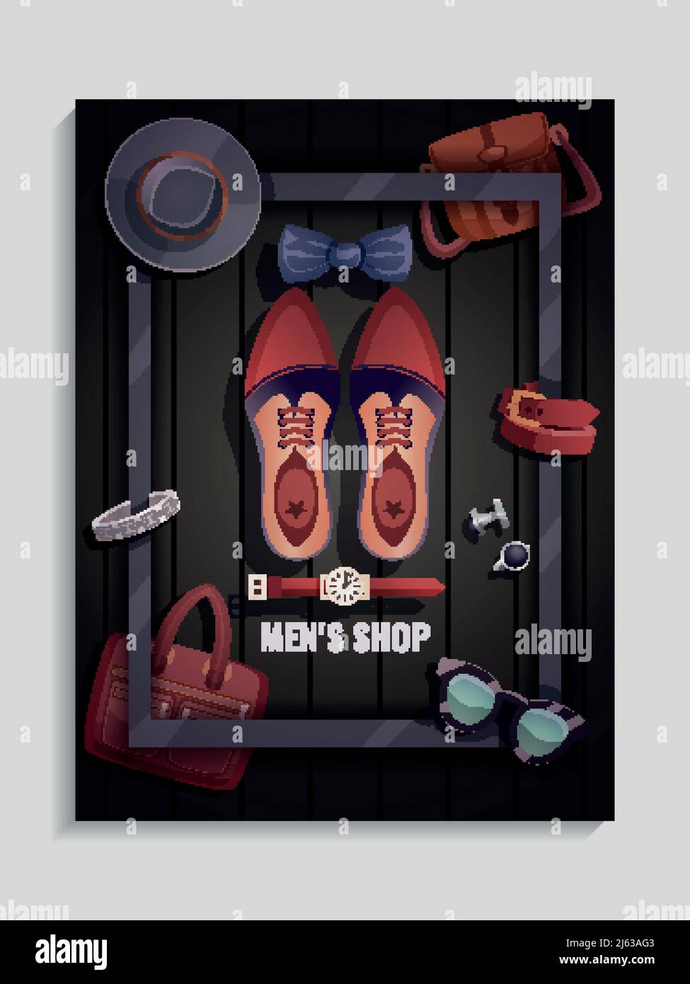 Couleur hommes accessoires affiche hommes titre de la boutique et chaussures illustration du vecteur du sac en verre de la montre Illustration de Vecteur