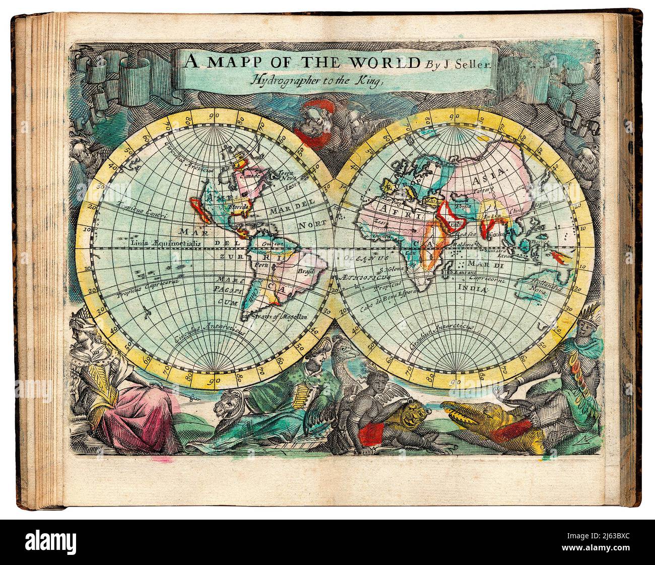 World Map 1682 par John Seller au format Atlas. Banque D'Images
